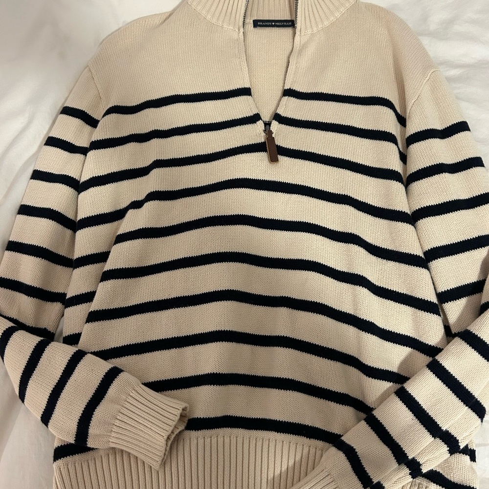 Brandy Melville Cream & Navy Striped Half-Zip Sweater